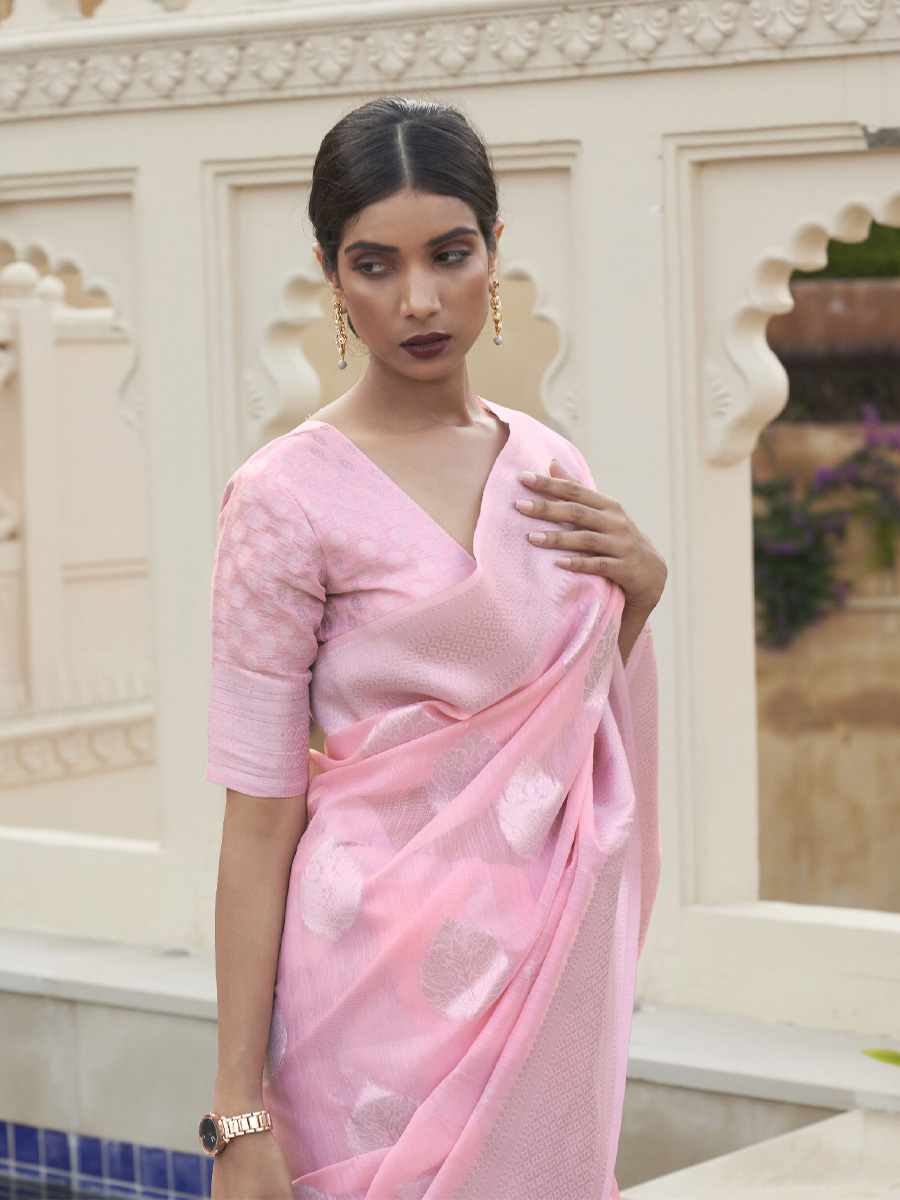 Light Pink Linen Handwoven Wedding Festival Heavy Border Saree