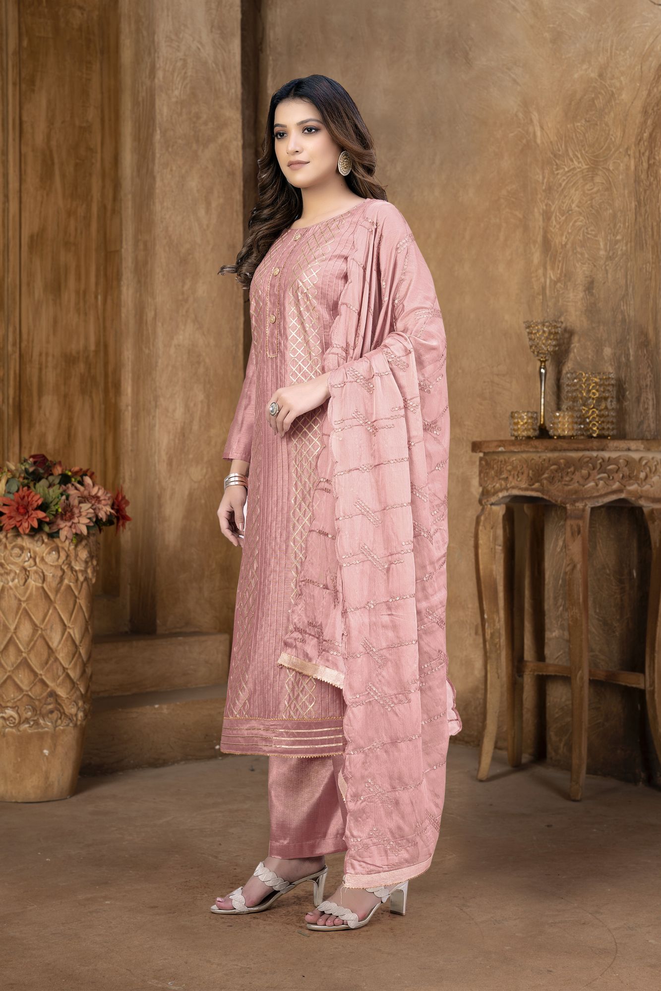 Light Pink Modal Chanderi Cotton Lace Work Festival Party Pant Salwar Kameez