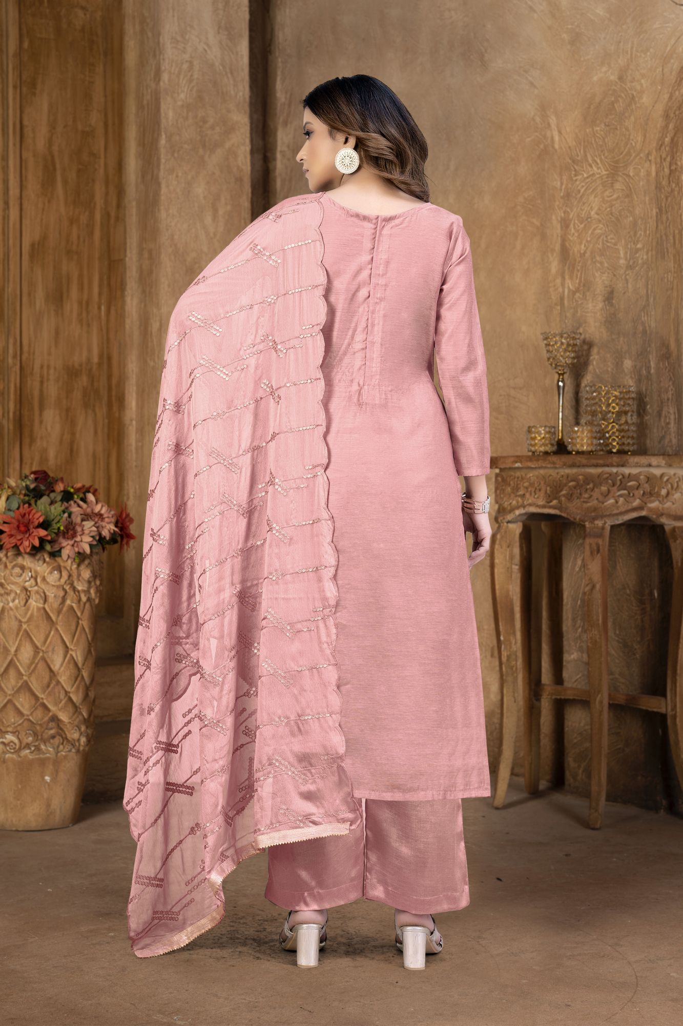 Light Pink Modal Chanderi Cotton Lace Work Festival Party Pant Salwar Kameez