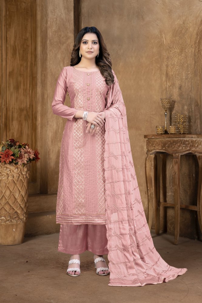 Light Pink Modal Chanderi Cotton Lace Work Festival Party Pant Salwar Kameez