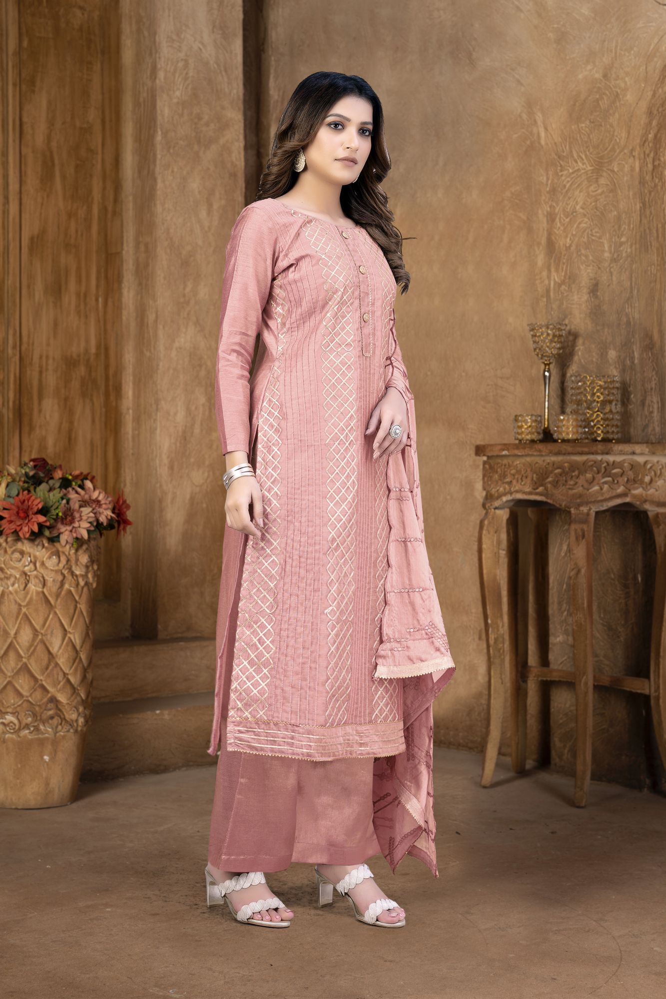 Light Pink Modal Chanderi Cotton Lace Work Festival Party Pant Salwar Kameez