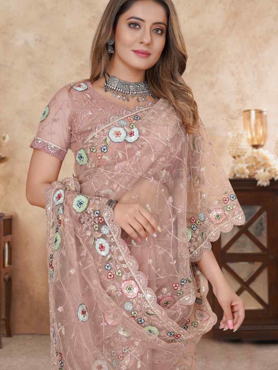 Light Pink Net Embroidered Festival Wedding Fancy Heavy Border Saree