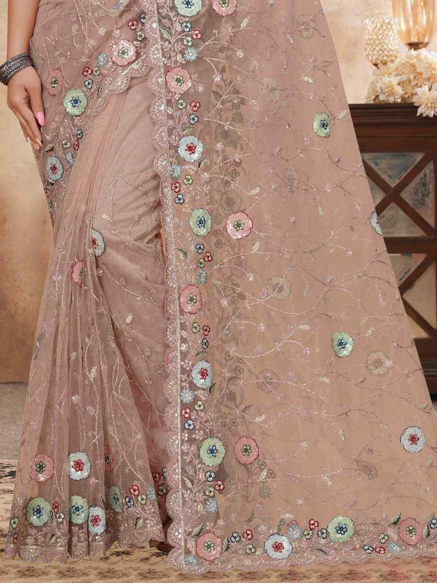 Light Pink Net Embroidered Festival Wedding Fancy Heavy Border Saree