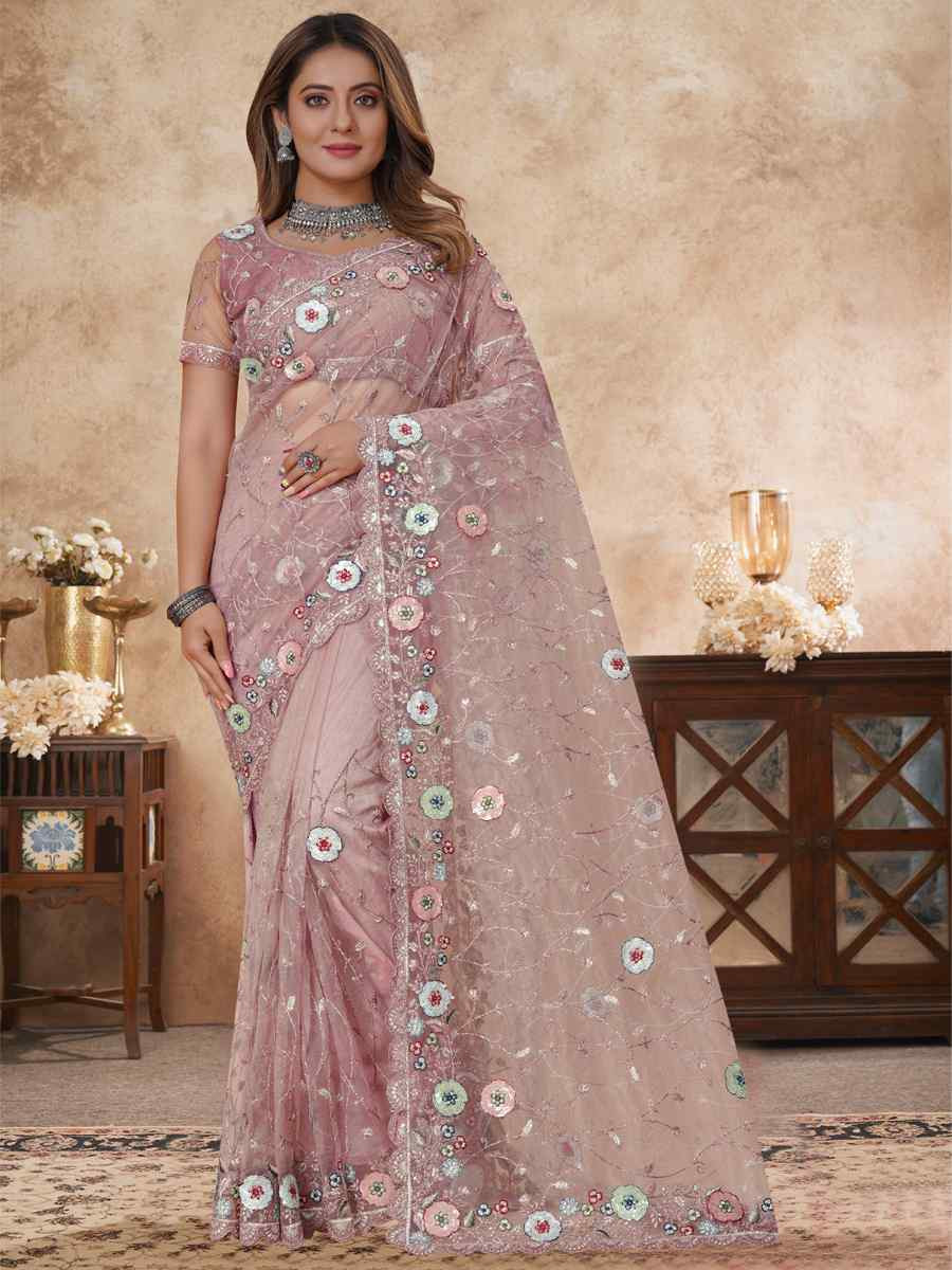 Light Pink Net Embroidered Festival Wedding Fancy Heavy Border Saree