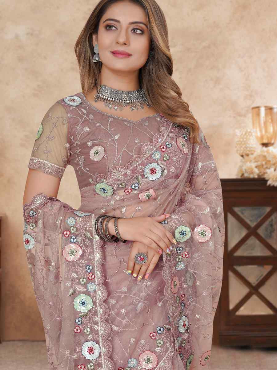 Light Pink Net Embroidered Festival Wedding Fancy Heavy Border Saree