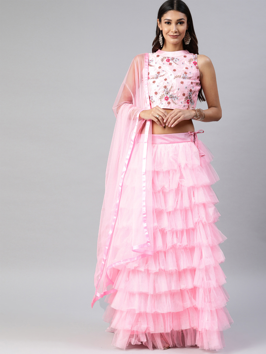 Light Pink Net Embroidered Party Wear Wedding Circular Lehenga Choli