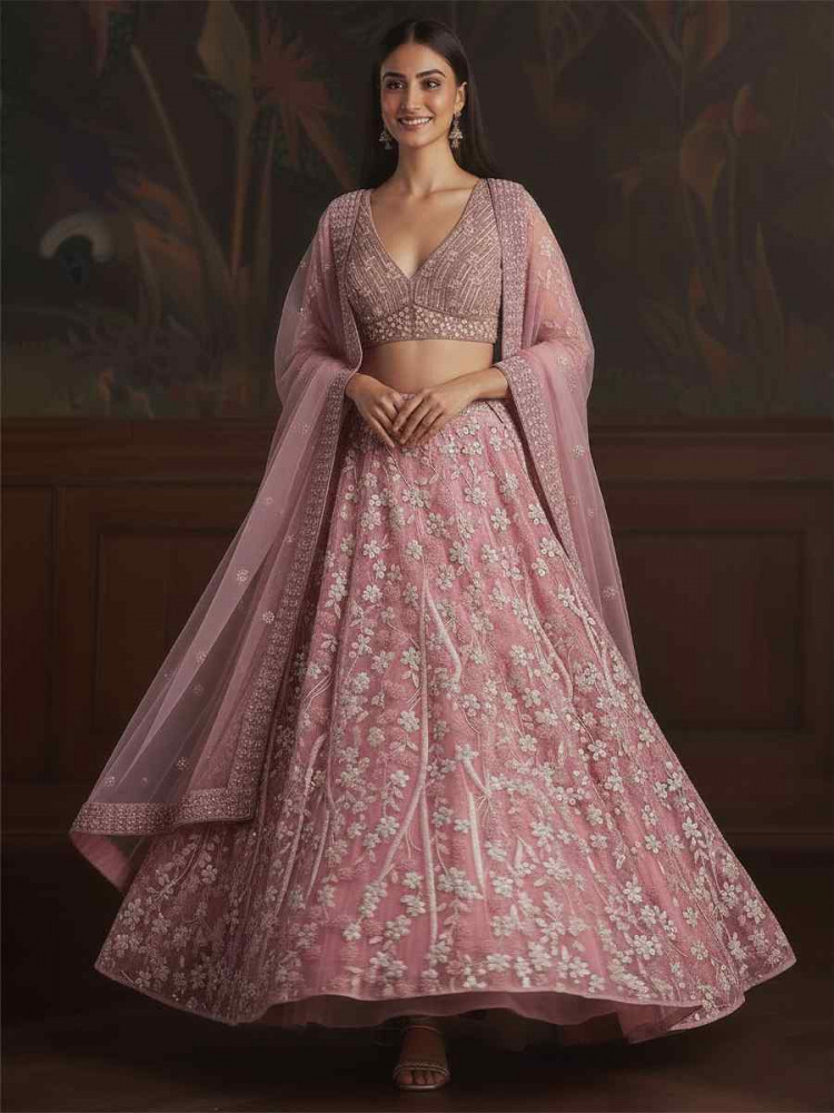 Image of Light Pink Net Embroidered Wedding Reception Festival Heavy Border Lehenga Choli