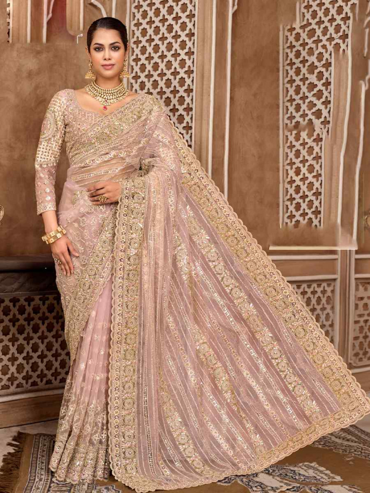 Image of Light Pink Net Embroidery Bridal Reception Festival Wedding Fancy Heavy Border Saree