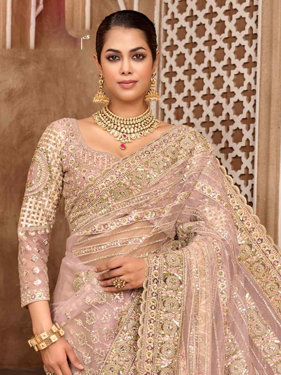 Light Pink Net Embroidery Bridal Reception Festival Wedding Fancy Heavy Border Saree
