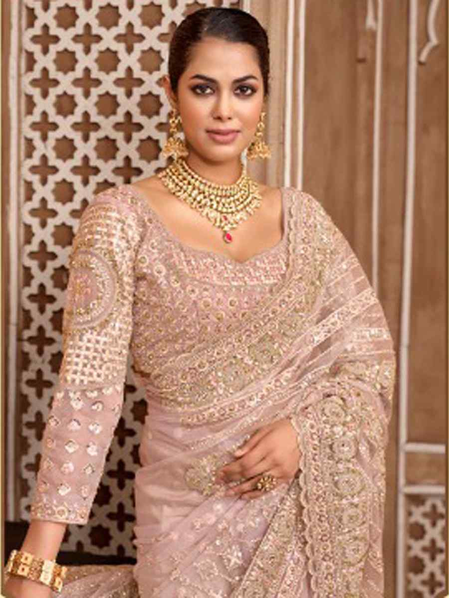 Light Pink Net Embroidery Bridal Reception Festival Wedding Fancy Heavy Border Saree