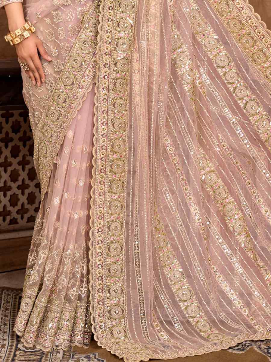 Light Pink Net Embroidery Bridal Reception Festival Wedding Fancy Heavy Border Saree