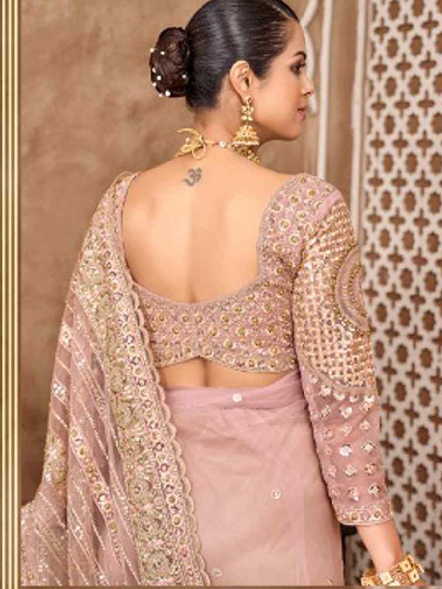 Light Pink Net Embroidery Bridal Reception Festival Wedding Fancy Heavy Border Saree