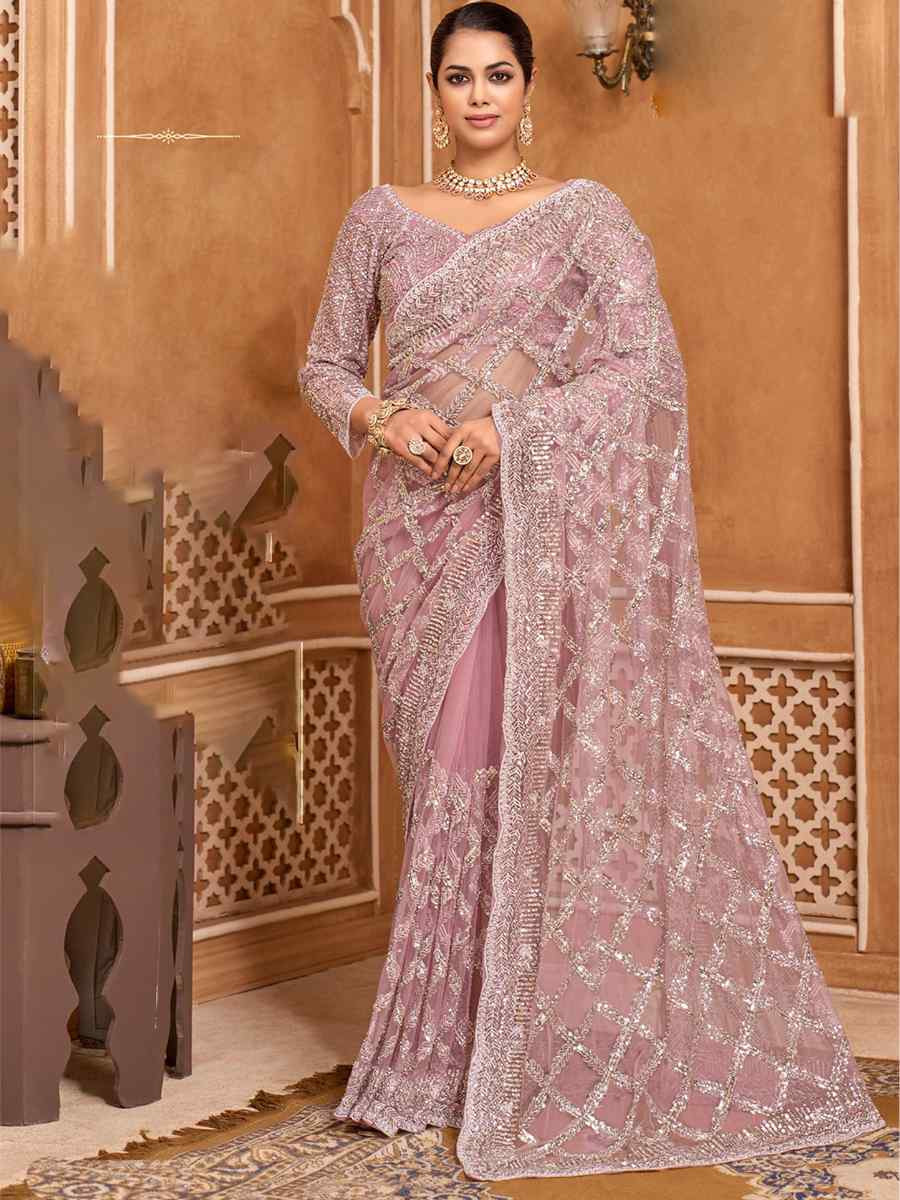 Light Pink Net Embroidery Bridal Reception Festival Wedding Fancy Heavy Border Saree