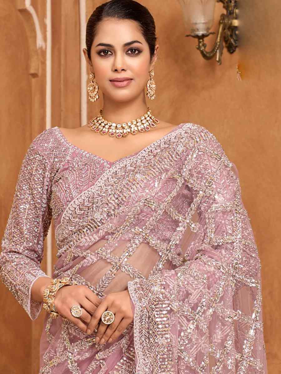 Light Pink Net Embroidery Bridal Reception Festival Wedding Fancy Heavy Border Saree
