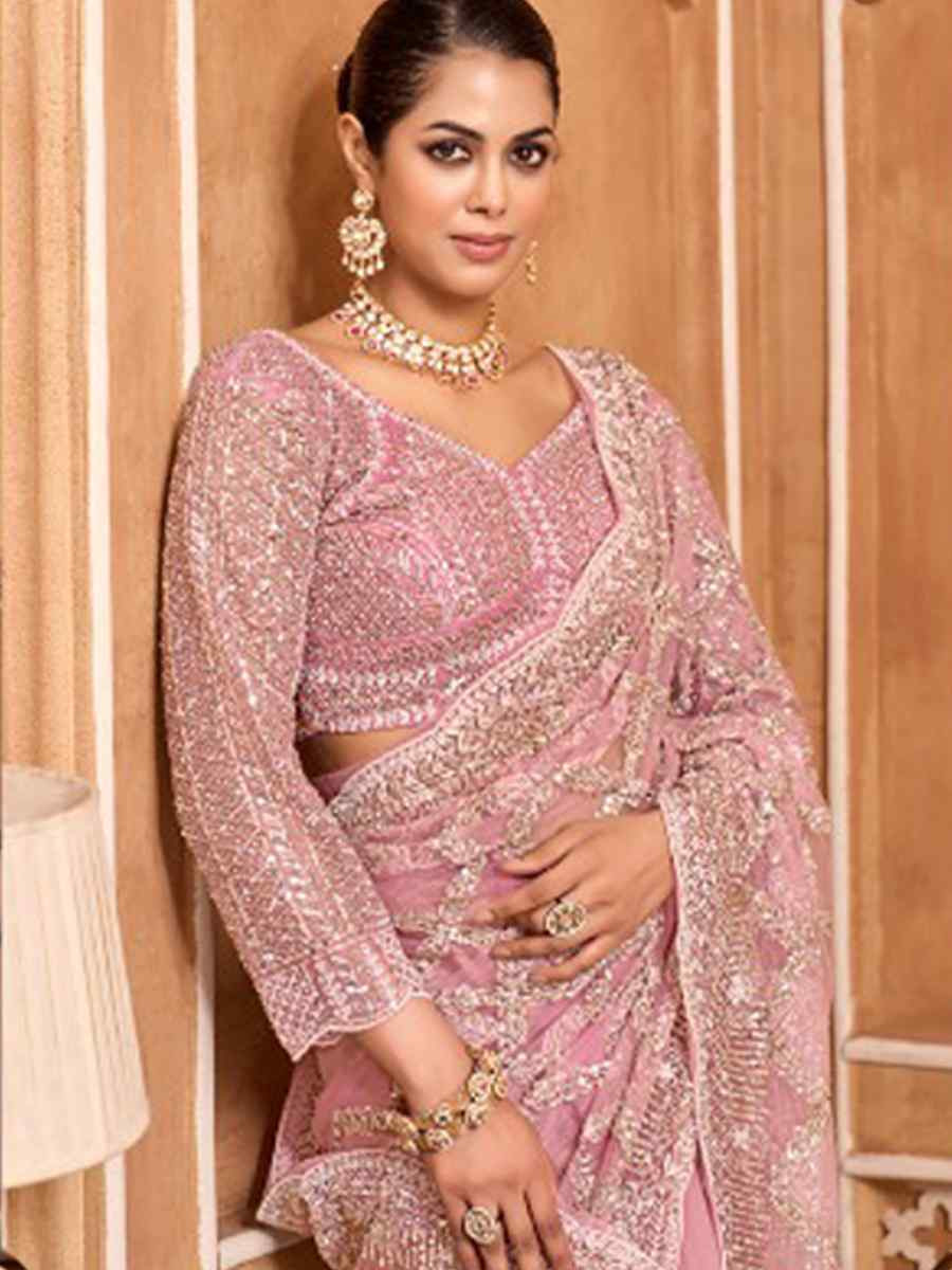 Light Pink Net Embroidery Bridal Reception Festival Wedding Fancy Heavy Border Saree