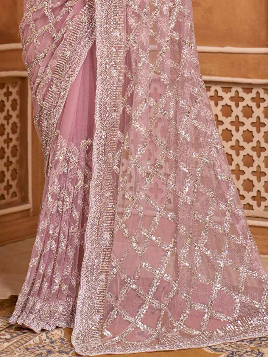 Light Pink Net Embroidery Bridal Reception Festival Wedding Fancy Heavy Border Saree