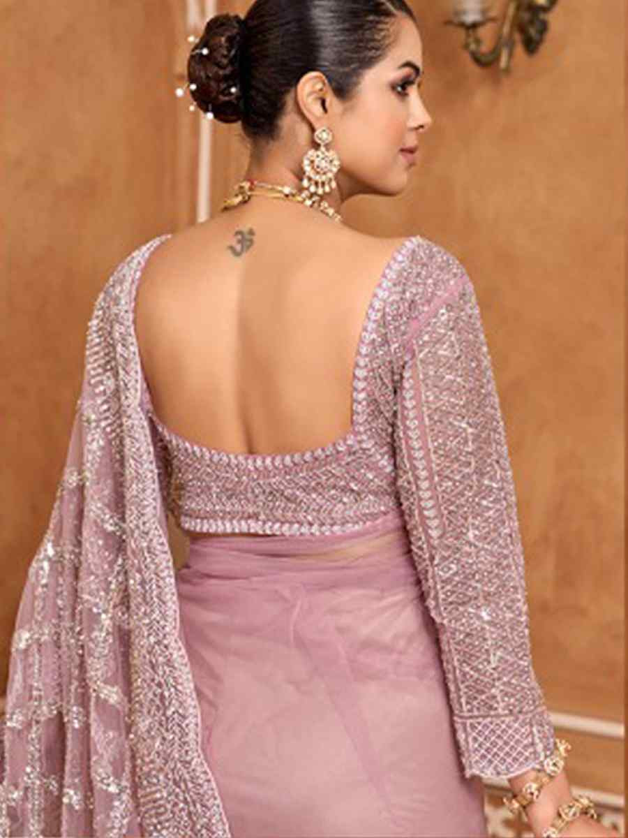 Light Pink Net Embroidery Bridal Reception Festival Wedding Fancy Heavy Border Saree