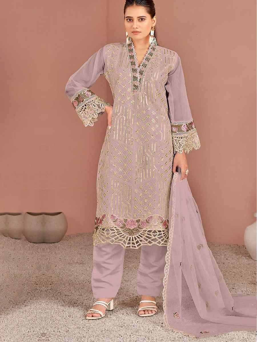 Light Pink Nylon Organza Embroidered Festival Wedding Pant Salwar Kameez