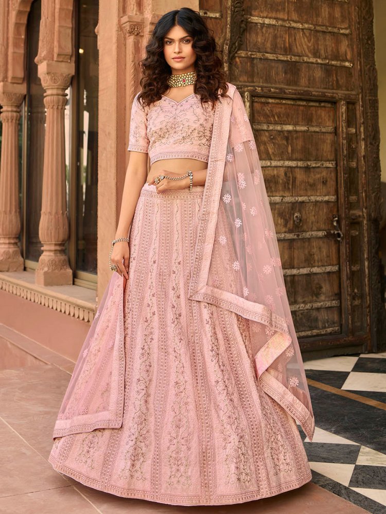 Light Pink Organza Embroidered Wedding Lehenga Choli
