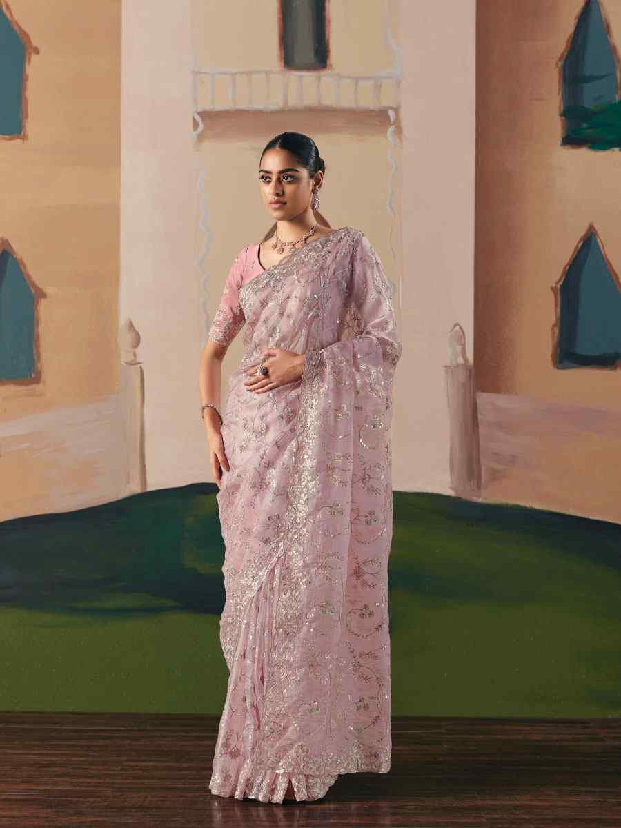 Light Pink Organza Embroidery Zari Bridal Reception Festival Wedding Fancy Heavy Border Saree