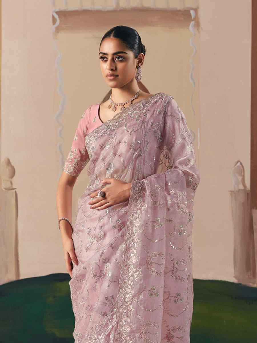 Light Pink Organza Embroidery Zari Bridal Reception Festival Wedding Fancy Heavy Border Saree