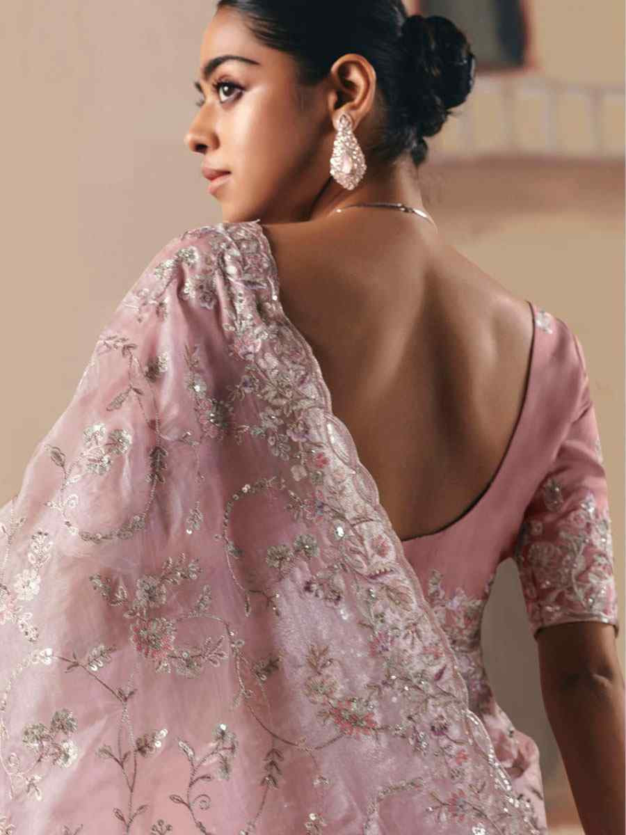 Light Pink Organza Embroidery Zari Bridal Reception Festival Wedding Fancy Heavy Border Saree