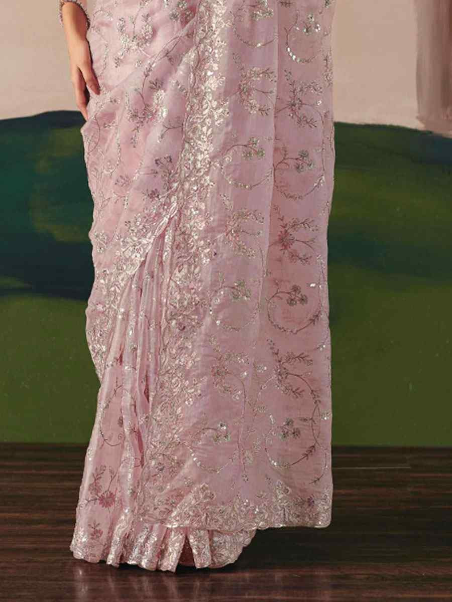 Light Pink Organza Embroidery Zari Bridal Reception Festival Wedding Fancy Heavy Border Saree