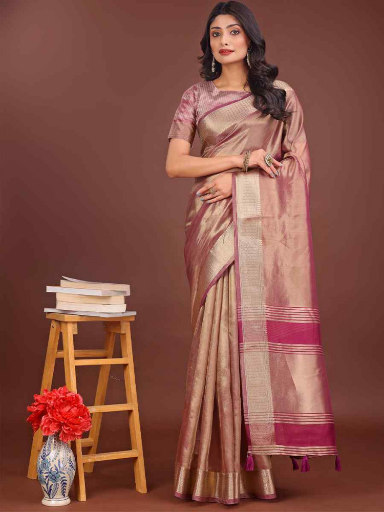 Light Pink Organza Handwoven Festival Wedding Fancy Heavy Border Saree