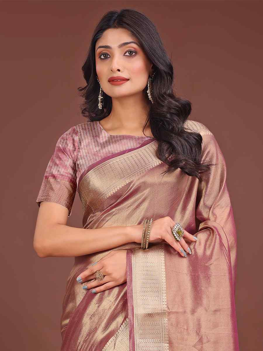 Light Pink Organza Handwoven Festival Wedding Fancy Heavy Border Saree