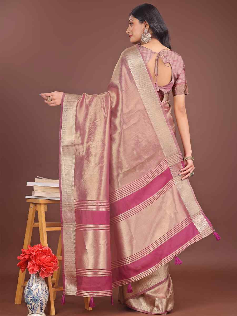 Light Pink Organza Handwoven Festival Wedding Fancy Heavy Border Saree