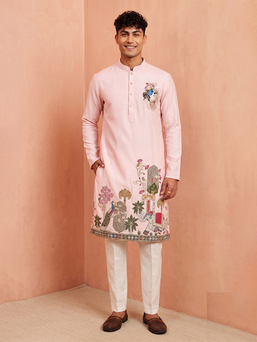 Light Pink Polystar  Satin Mix Silk Embroidery Beads Wedding Party Festival Casual Mens Wear Kurta