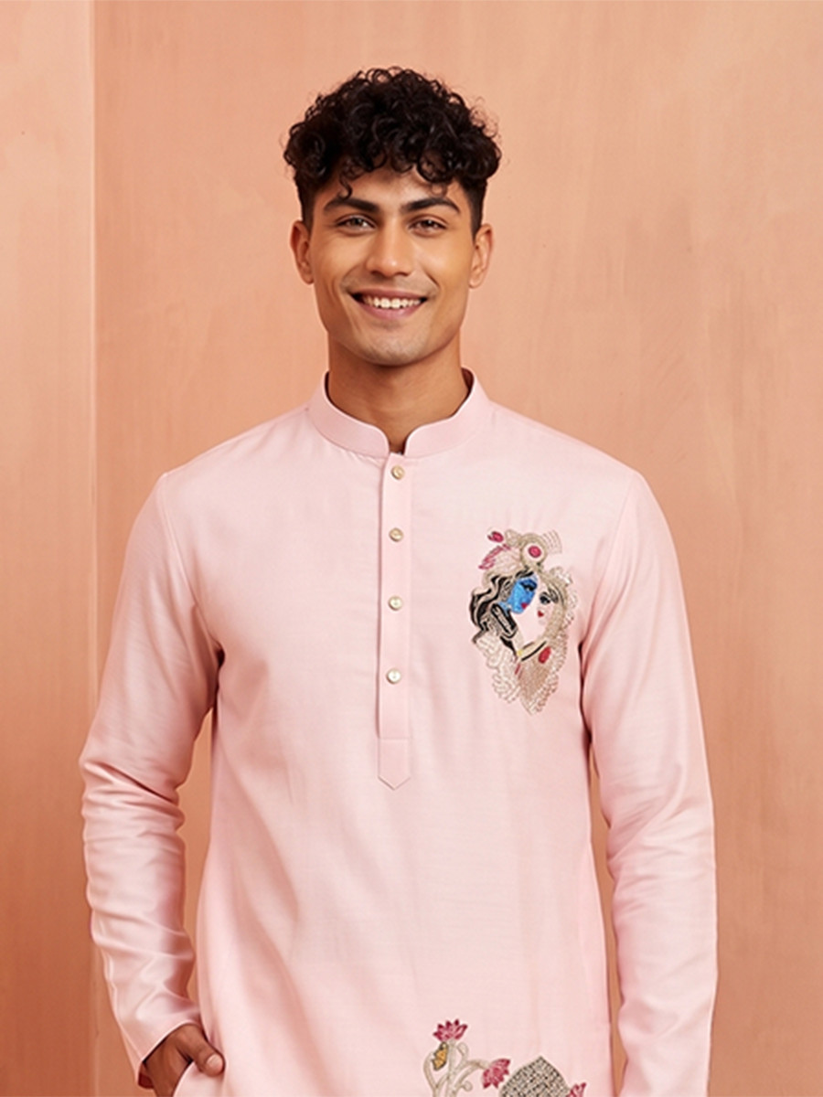 Light Pink Polystar  Satin Mix Silk Embroidery Beads Wedding Party Festival Casual Mens Wear Kurta