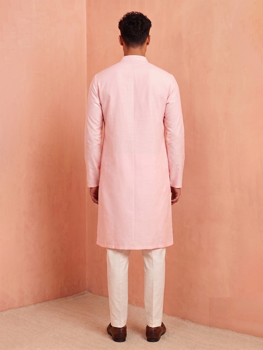 Light Pink Polystar Satin Mix Silk Embroidery Beads Wedding Party Festival Casual Mens Wear Kurta