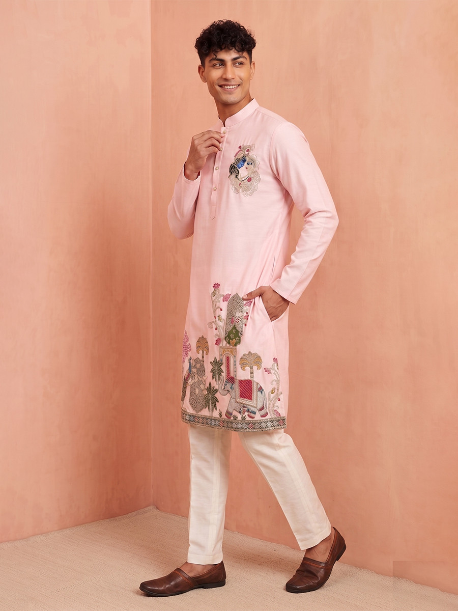 Light Pink Polystar  Satin Mix Silk Embroidery Beads Wedding Party Festival Casual Mens Wear Kurta