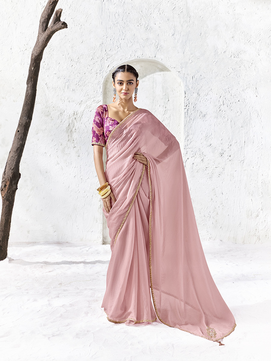 Light Pink Premium Luxe Silk Organza Embroidery Sequins Wedding Reception Party Festival Casual Heavy Border Sarees