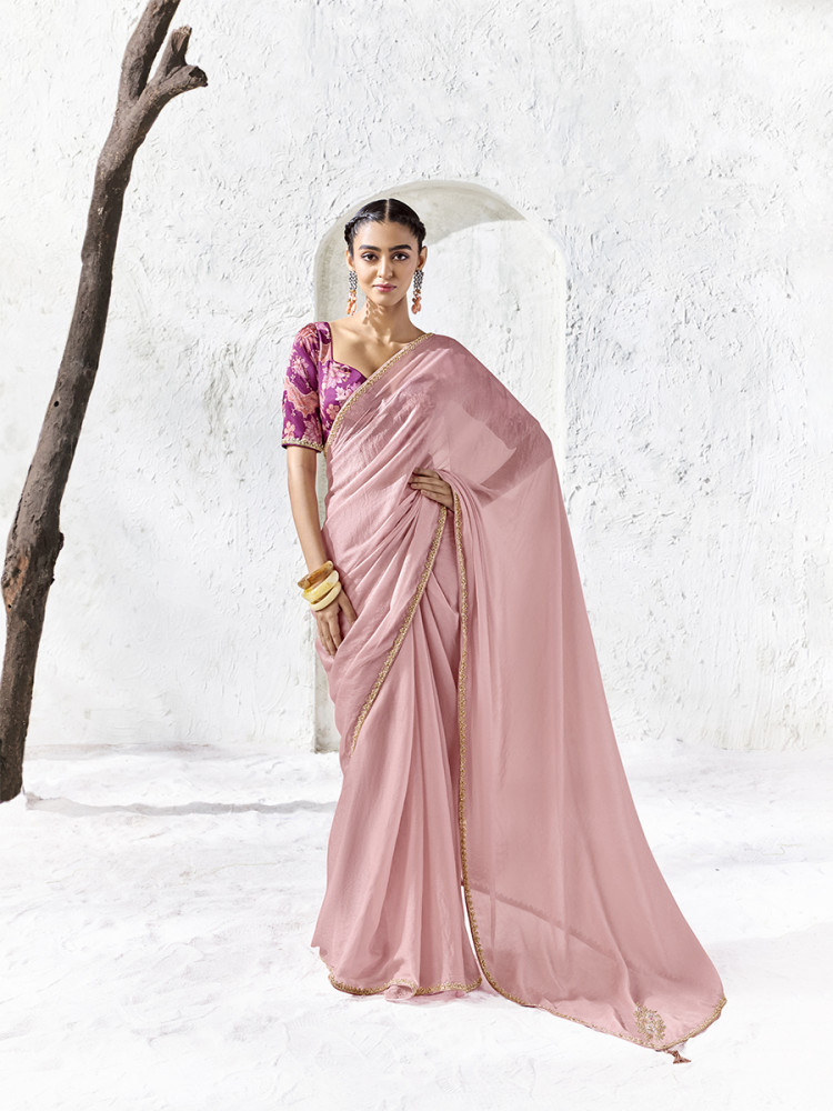 Image of Light Pink Premium Luxe Silk Organza Embroidery Sequins Wedding Reception Party Festival Casual Heavy Border Sarees