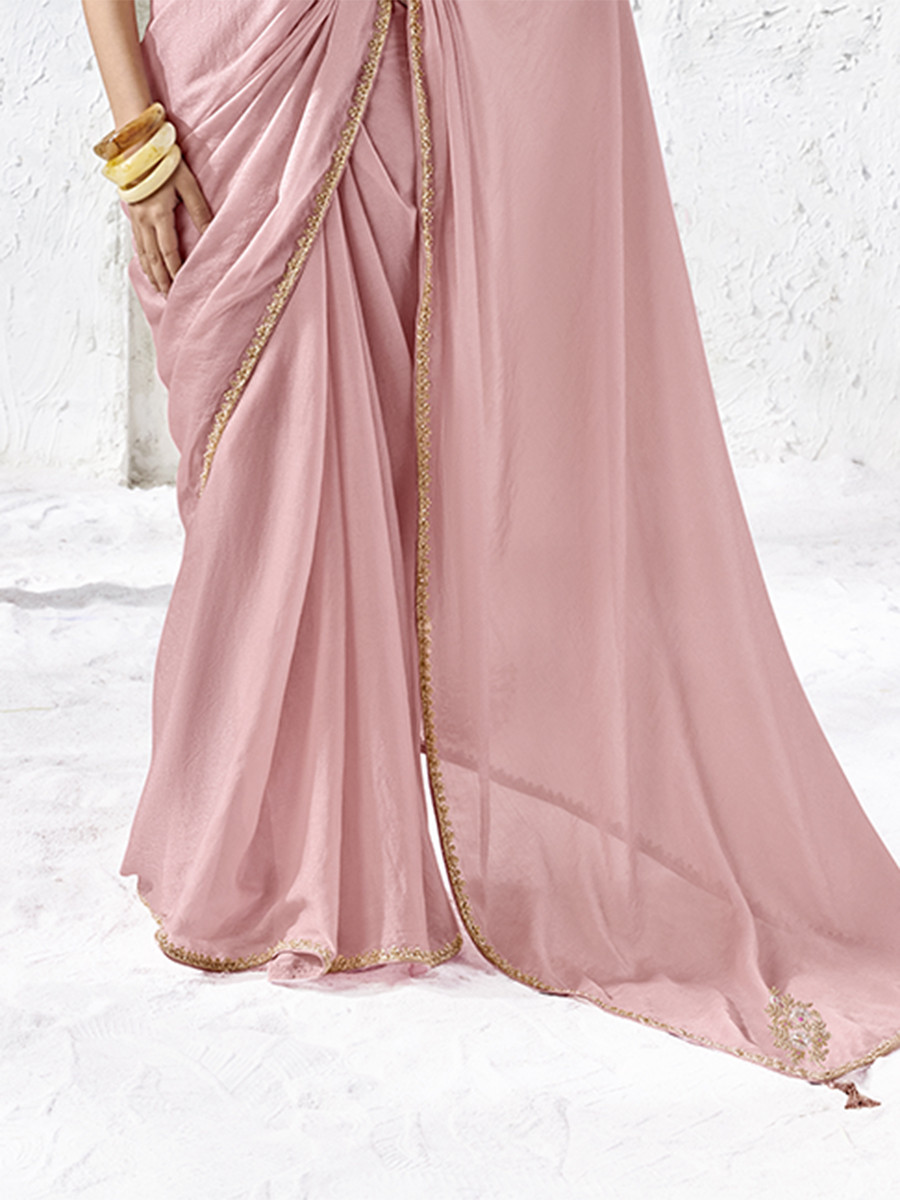 Light Pink Premium Luxe Silk Organza Embroidery Sequins Wedding Reception Party Festival Casual Heavy Border Sarees