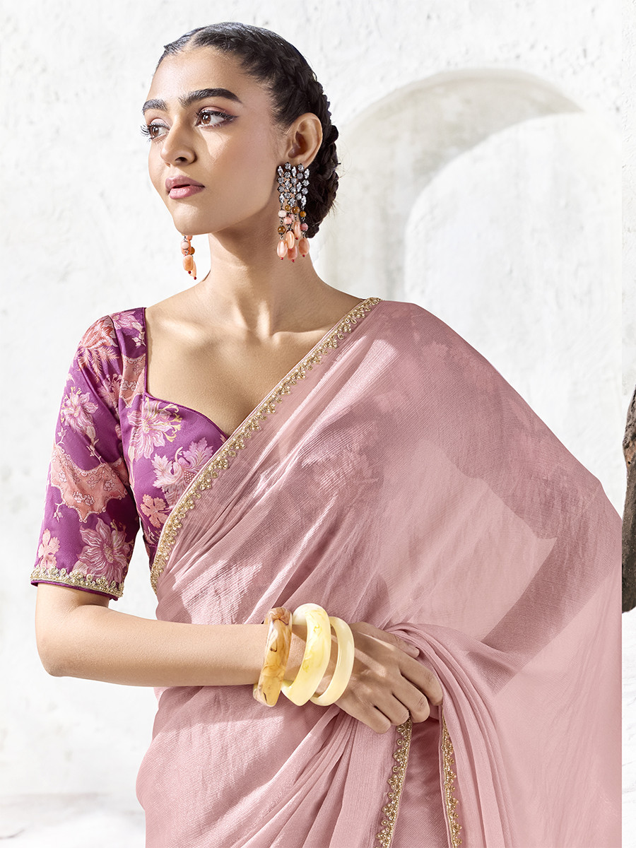 Light Pink Premium Luxe Silk Organza Embroidery Sequins Wedding Reception Party Festival Casual Heavy Border Sarees