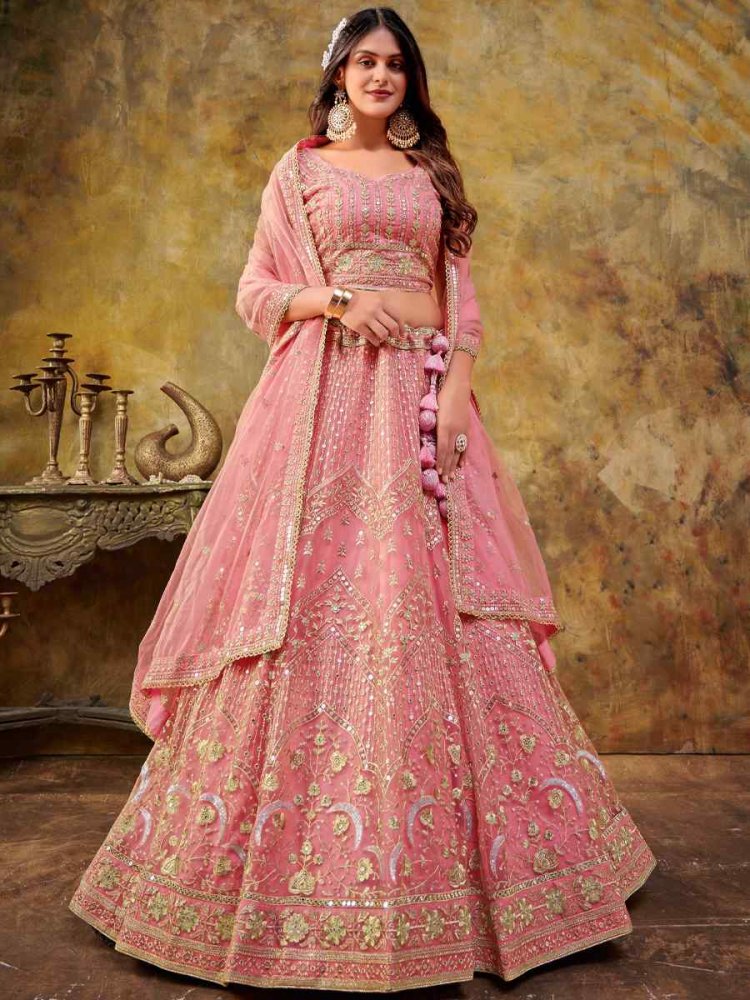 Light Pink Premium Net Embroidered Bridesmaid Wedding Heavy Border Lehenga Choli