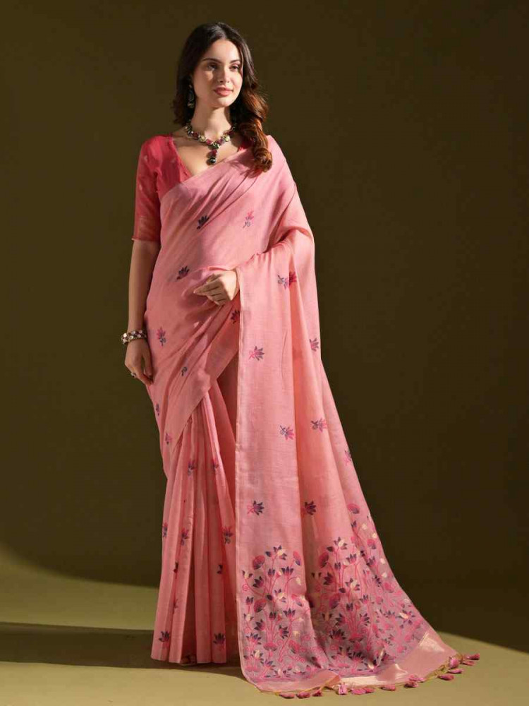 Image of Light Pink Premium Soft Muga Cotton Handwoven Casual Reception Festival Wedding Fancy Classic Style Sarees