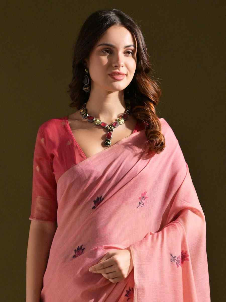 Light Pink Premium Soft Muga Cotton Handwoven Casual Reception Festival Wedding Fancy Classic Style Sarees