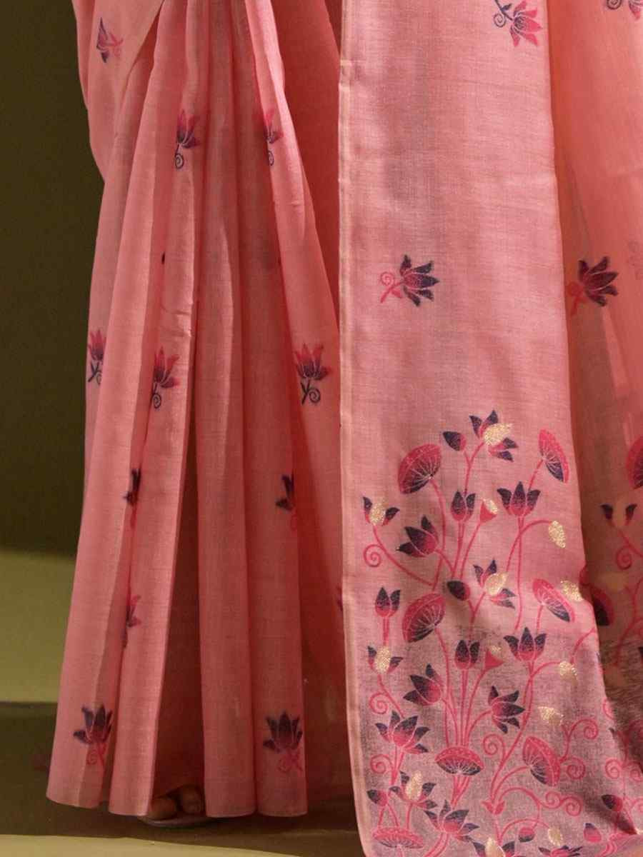 Light Pink Premium Soft Muga Cotton Handwoven Casual Reception Festival Wedding Fancy Classic Style Sarees