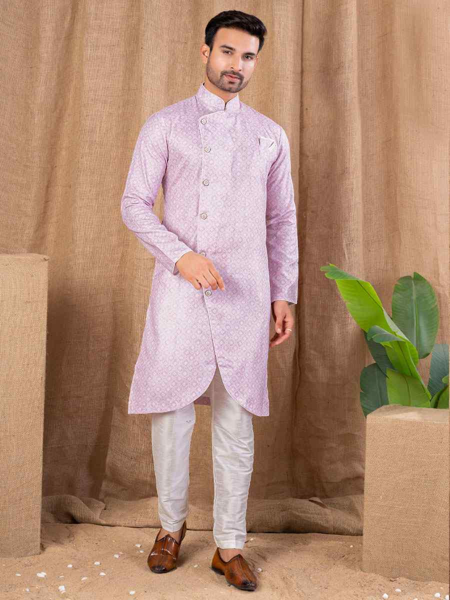 Light Pink Printed Cotton Silk Embroidery Festival Wedding Party Mens Kurta