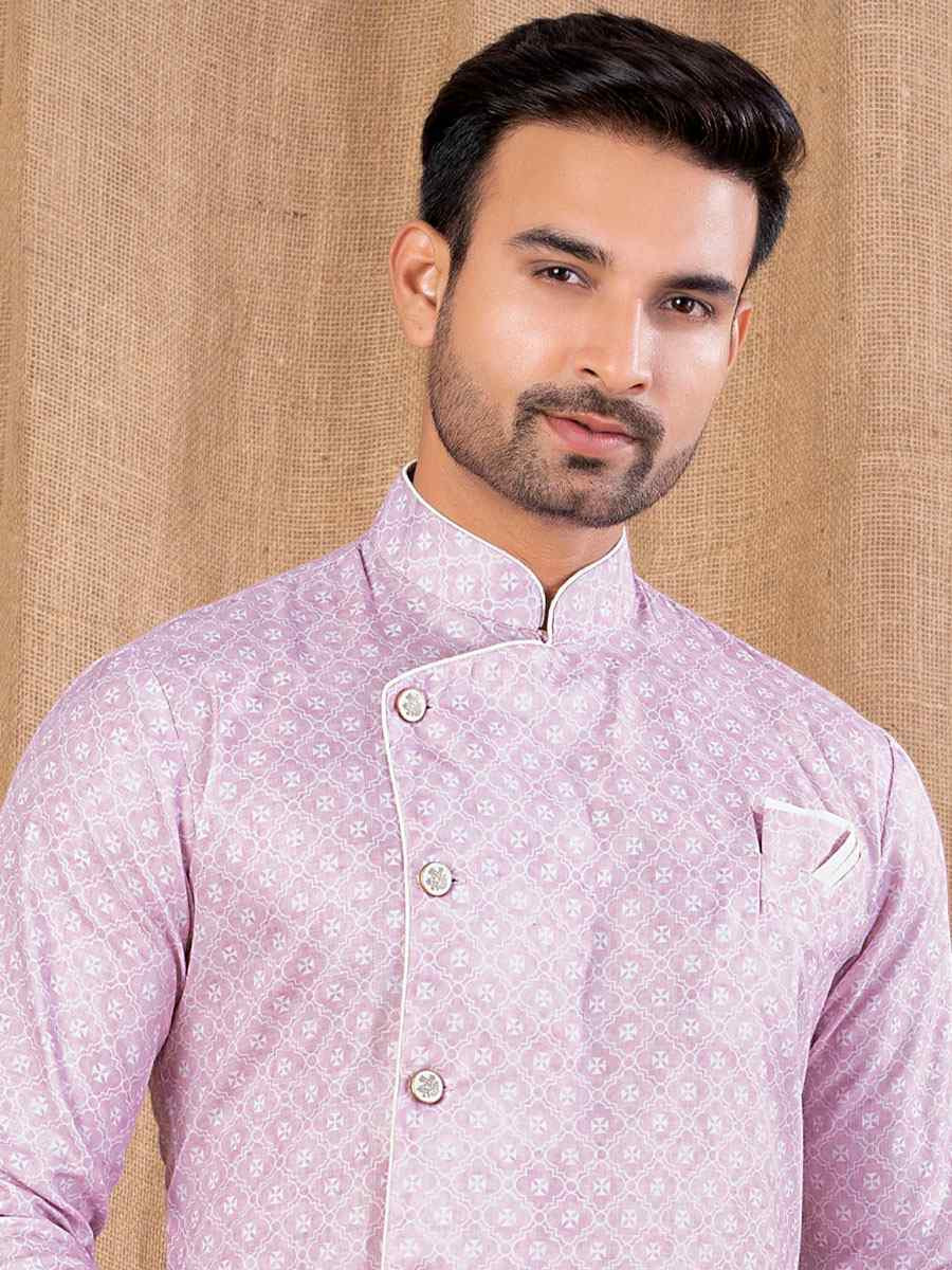 Light Pink Printed Cotton Silk Embroidery Festival Wedding Party Mens Kurta