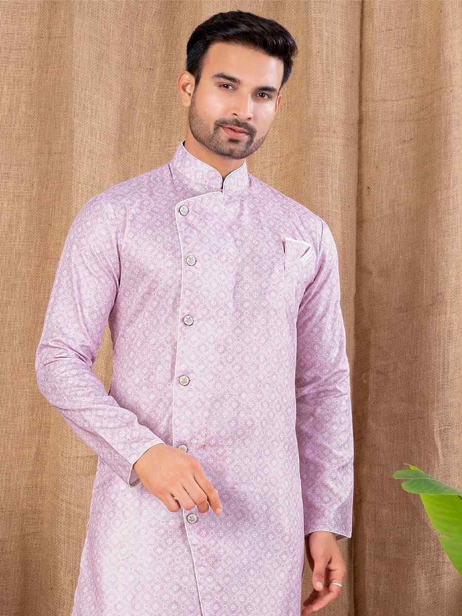 Light Pink Printed Cotton Silk Embroidery Festival Wedding Party Mens Kurta