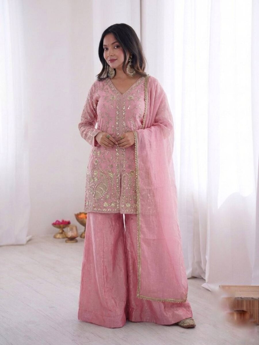 Light Pink Pure Fendy Silk Embroidery Sequins Wedding Party Festival Casual Ready Palazzo Pant Salwar Kameez