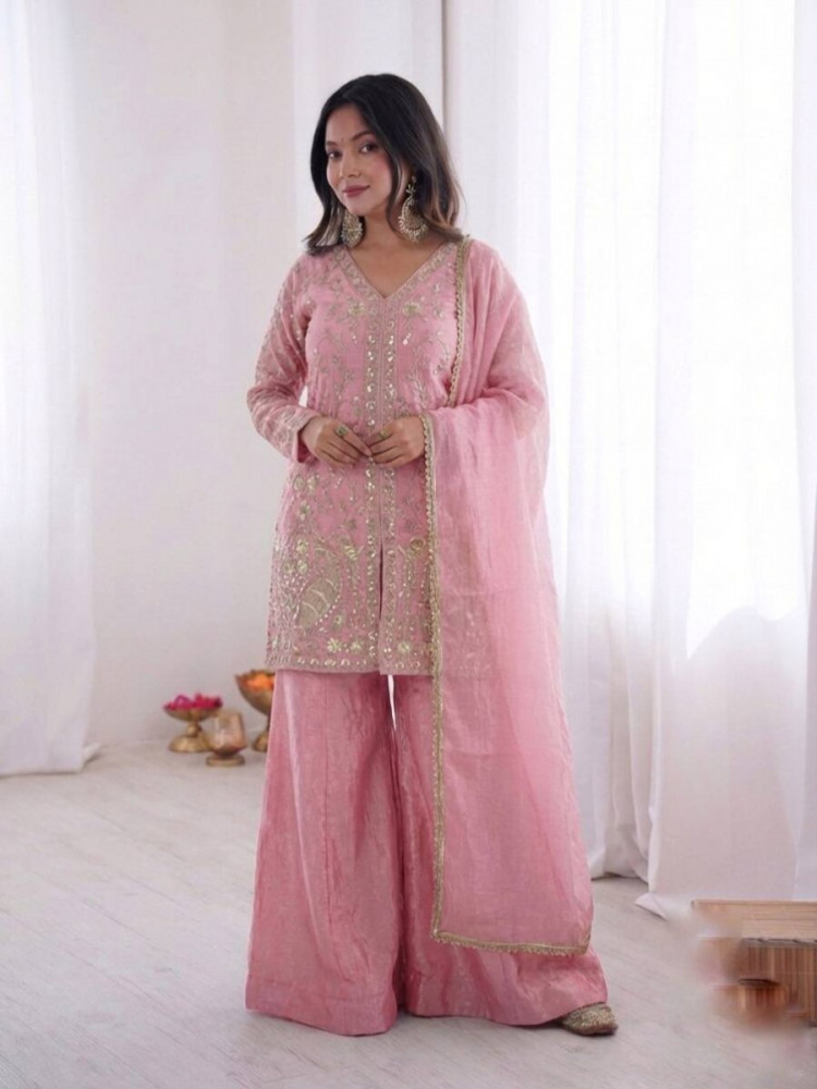Image of Light Pink Pure Fendy Silk Embroidery Sequins Wedding Party Festival Casual Ready Palazzo Pant Salwar Kameez