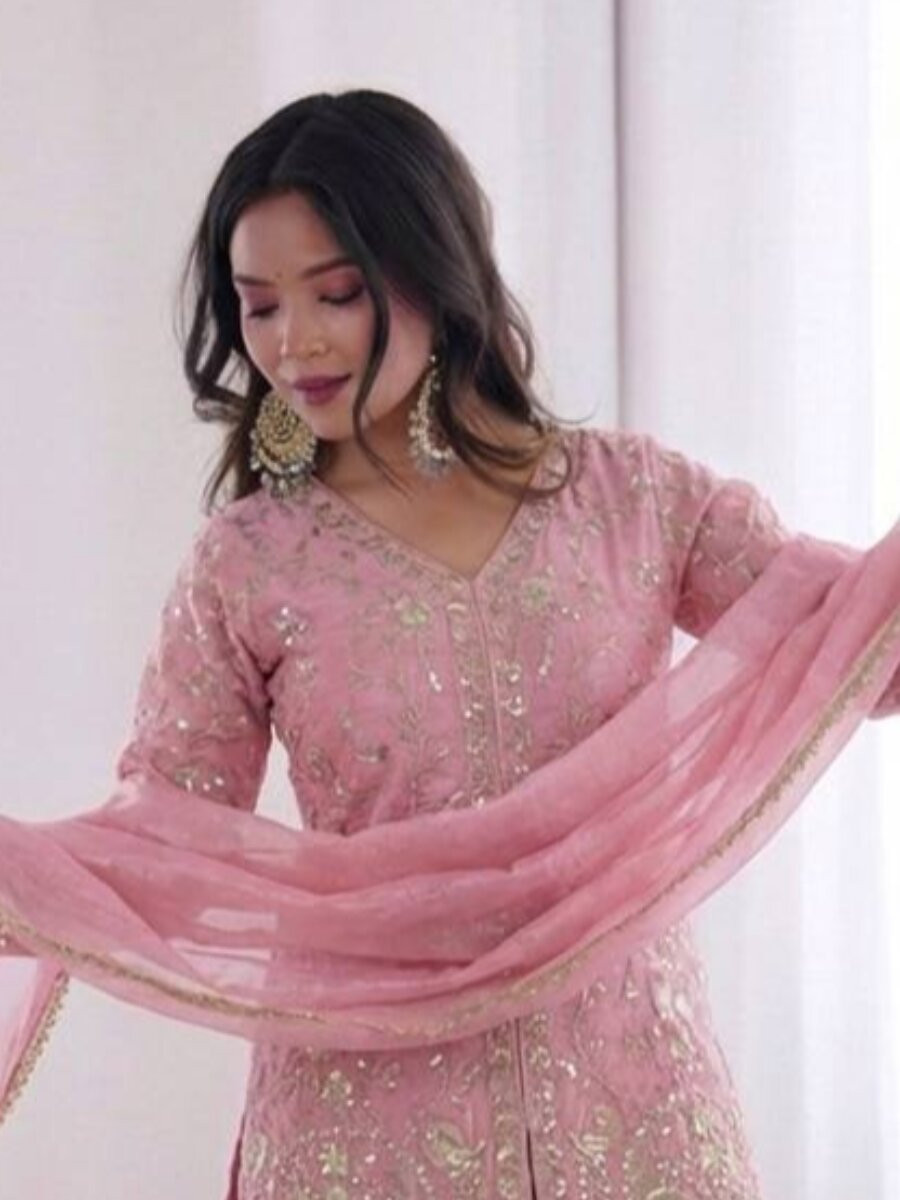 Light Pink Pure Fendy Silk Embroidery Sequins Wedding Party Festival Casual Ready Palazzo Pant Salwar Kameez