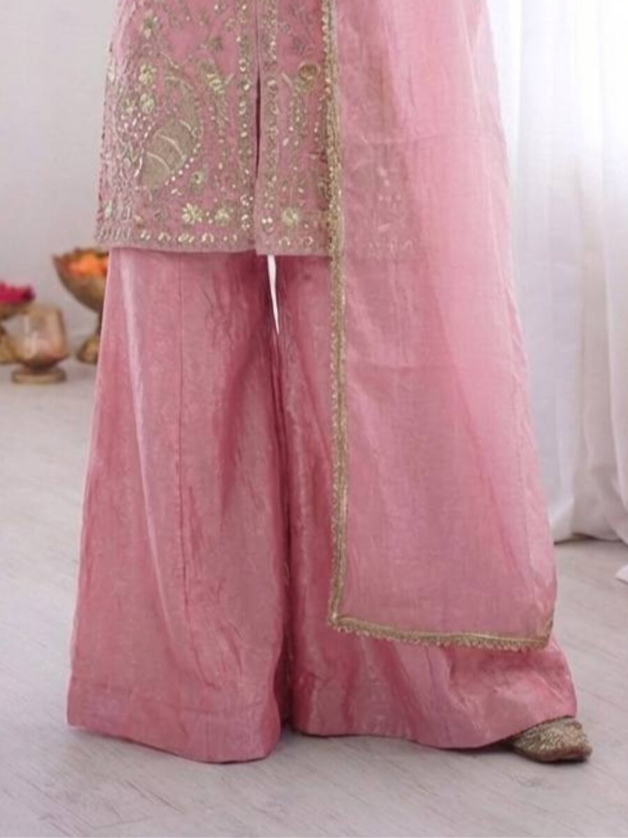 Light Pink Pure Fendy Silk Embroidery Sequins Wedding Party Festival Casual Ready Palazzo Pant Salwar Kameez