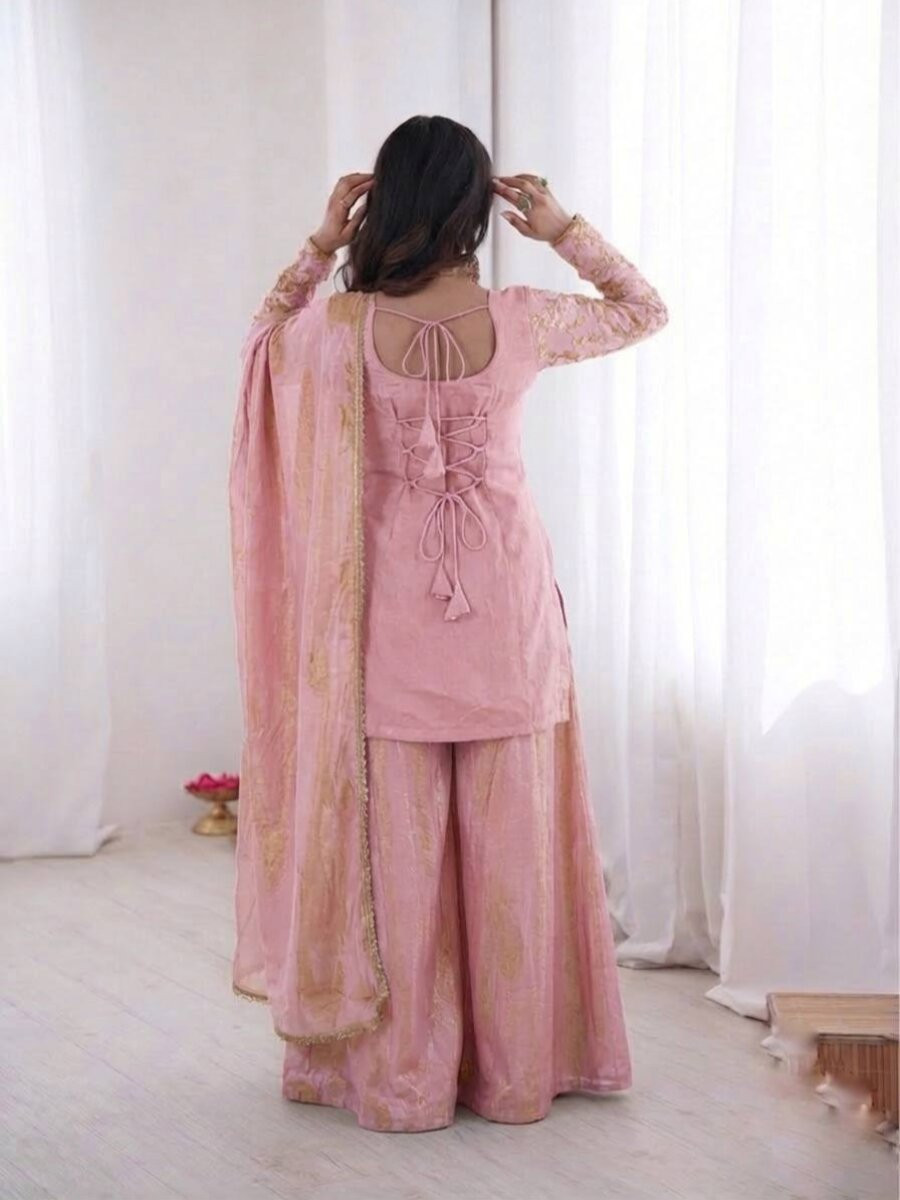 Light Pink Pure Fendy Silk Embroidery Sequins Wedding Party Festival Casual Ready Palazzo Pant Salwar Kameez